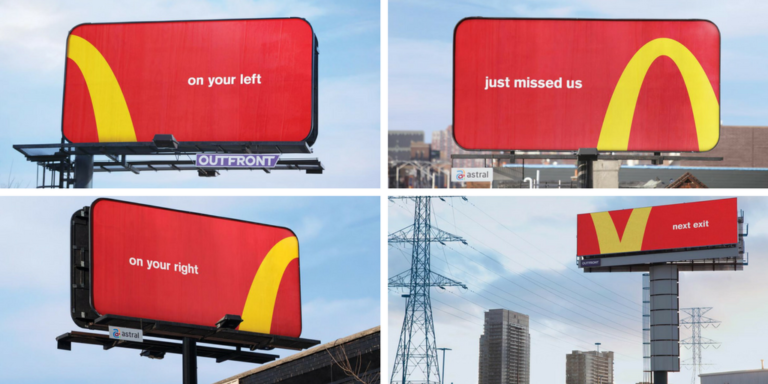 I manifesti di McDonald’s usano gli iconografici archi dorati per orientarsi