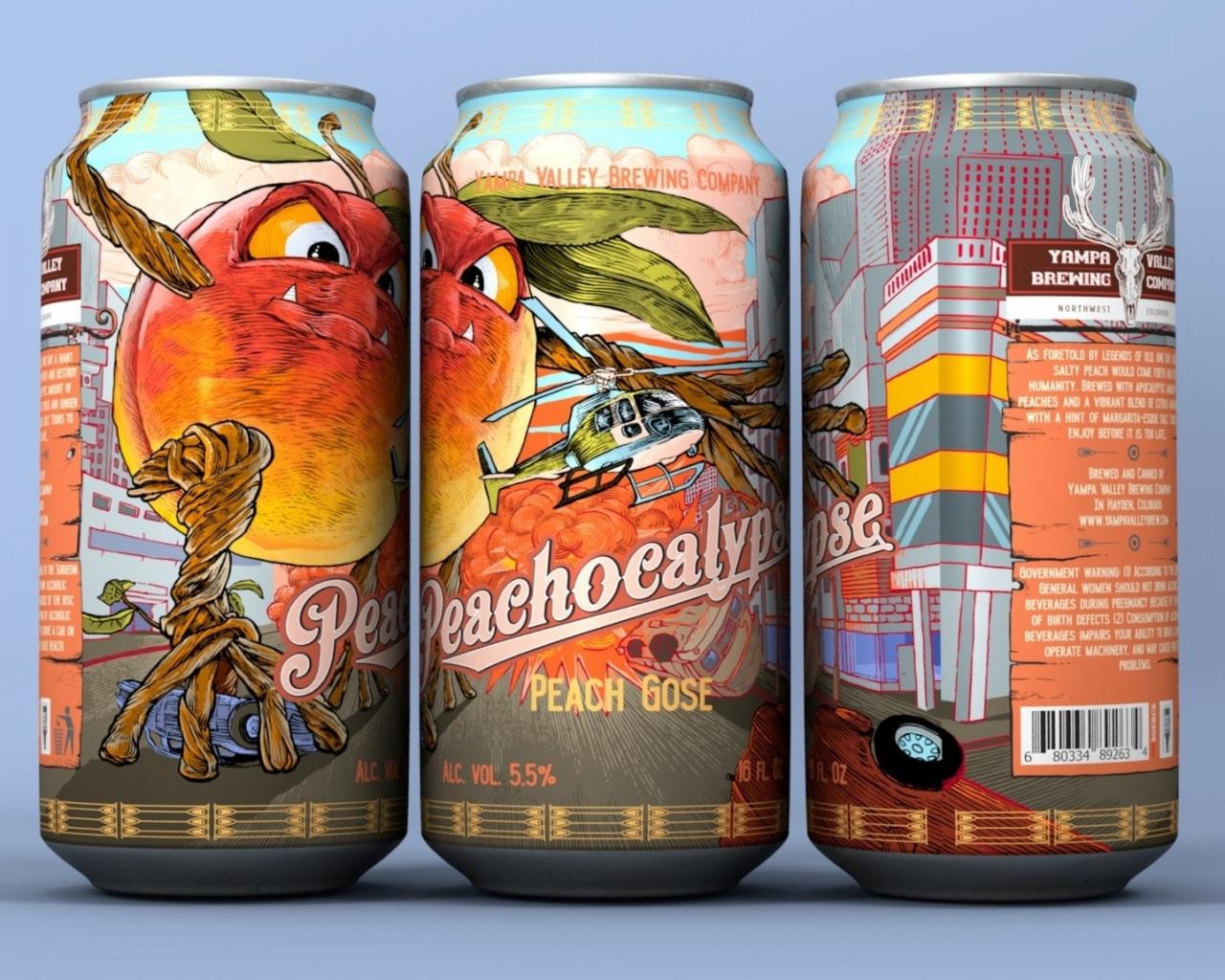 tendenza del design del packaging basato sulla storia: lattina di birra multicolore raffigurante una pesca arrabbiata