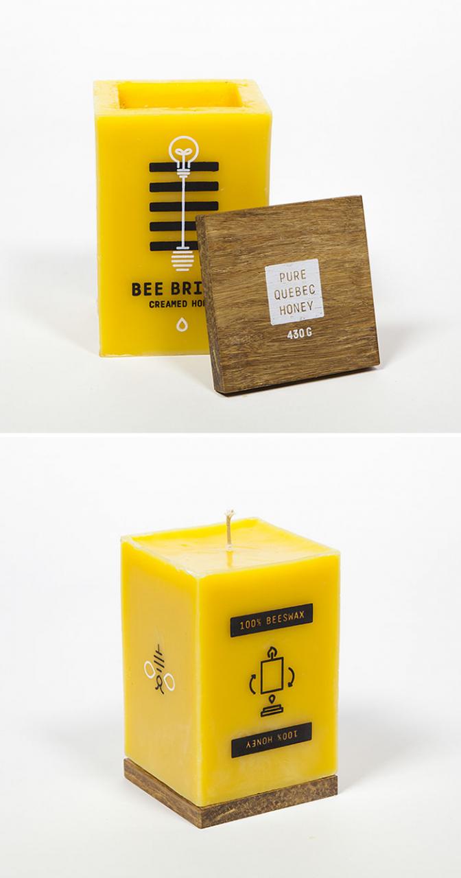 Confezione di miele fatta di cera d'api, che può essere bruciata come una candela, rendendola completamente priva di rifiuti